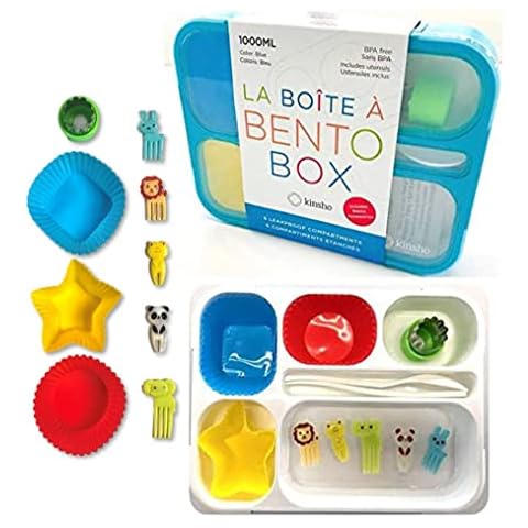 Bento-Box mit Zubehör für Kinder, auslaufsicheres Lunchboxen-Set mit Lebensmittelspießen, Silikonbecher, Gemüseschneider aus Stahl und Besteckzubehör Cover