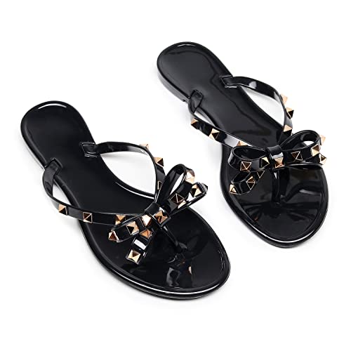 Image of Studded Jelly Shoes for Womens Bow Flip Flops Jellies Sandals Flat Black Summer Beach Thong with Rivets Strappy Slides Slip On