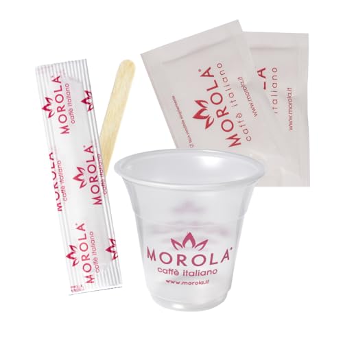 Riceverai il Kit cafè composto in totale da 450 pezzi di cui 150 bicchieri in plastica da 80 ml per espresso, 150 palettine in legno di betulla e 150 di bustine di zucchero di bianco confezionato in Italia.