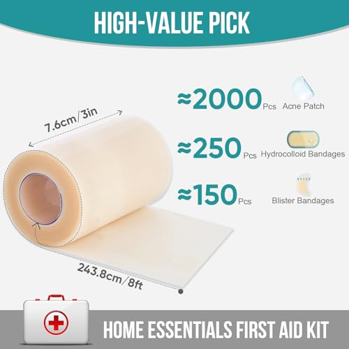 Image of Hydrocolloid Roll for Wound Care, Hydrocolloid Patch Bandages with Self-Adhesive, Bed Sore Bandages, Highly Absorbent for Burn, Blister, Acne Care, Waterproof (3in x 8ft)