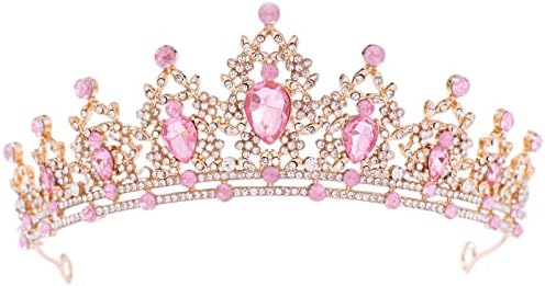 FORSEVEN Crystal Tiaras for Women, Wedding Tiaras and Crowns for Women Tiaras for Girls Birthday Party Princess Crown Hair Accessories Bride Rhinestone Headbands (Gold+Pink)