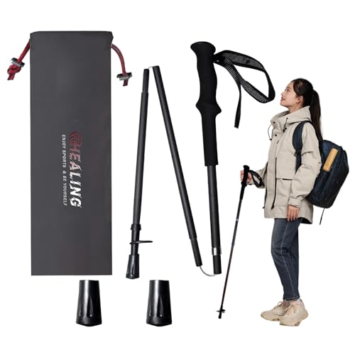 OKHEALING - Bastones de senderismo ultraligeros de fibra de carbono, juego de 2 piezas, bastones de senderismo plegables con mango de transferencia de humedad, bolsa de almacenamiento y 2 tapas de