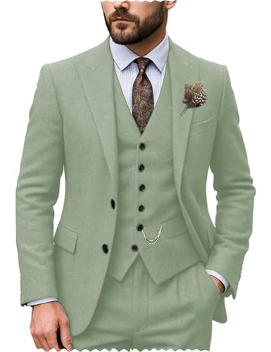 Men's Suits Slim Fit 3 Pieces Prom Tuxedos Tweed Herringbone Jacket+Waistcoat+Trousers Wedding Grooms