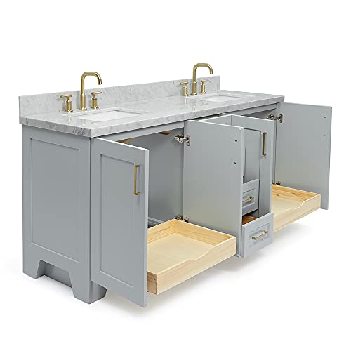 Ariel 73" Inch Grey Double Vanity With 1.5" Inch Thick Edge Italian Carrara White Marble Countertop | Rectangle Sink | 4 Soft-Closing Doors | 6 Full Extension Dovetail Drawers | #TOP5
