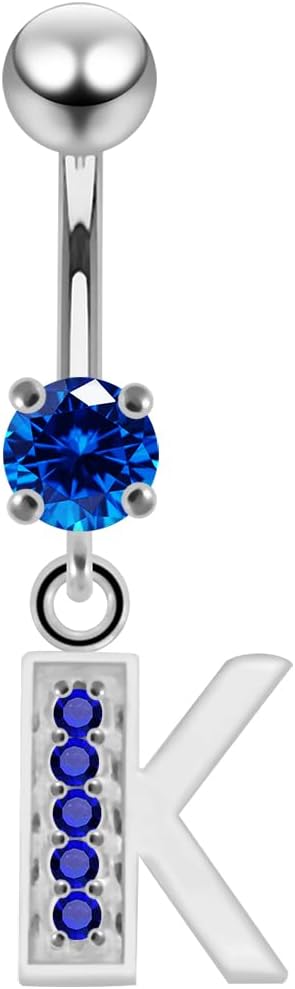 Cz Gemstones Fancy K Alphabet Dangling Design 925 Sterling Silver with Stainless Steel Belly Ring - Belly Button jewelry - Navel jewelry