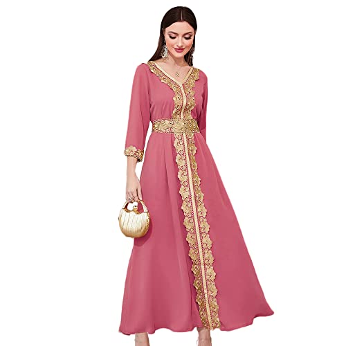 PolyJolly Gold Applique Abaya for Women Dubai Saudi Peach Jalabiya Moroccan Maxi Kaftan Dress S