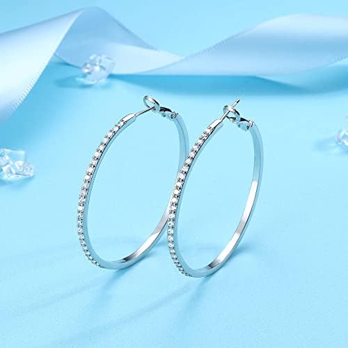 JeweBella Silver Hoops Earrings for Women 925 Sterling Silver Post Large Hoop Earrings with 5 A+ Cubic Zirconia Hypoallergenic Lightweight Big Hoop Earrings 40mm/50mm/60mm