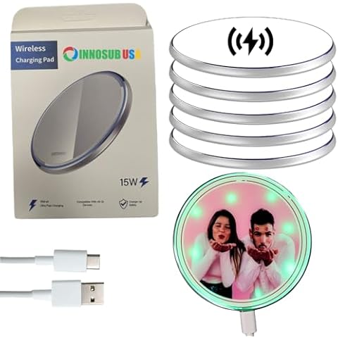 INNOSUB USA Sublimation Wireless Charger 5PK, 10W Fast Charge, Silver, Qi-Enabled, Compatible with iPhone, Samsung Cover