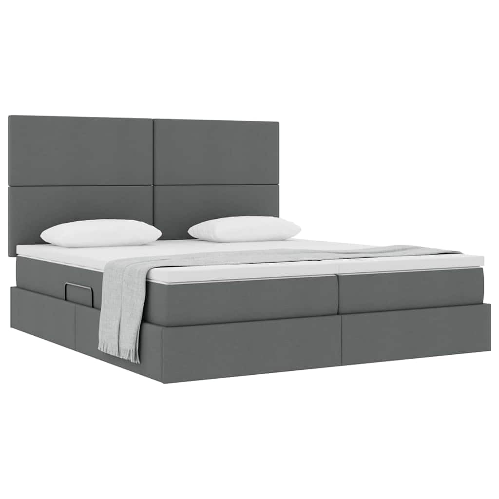 Letto portaoggetti con testiera imbottita, grigio scuro, 200 x 200 cm, in tessuto, telaio in metallo, meccanismo di sollevamento idraulico, spazioso contenitore, rigidità media del materasso