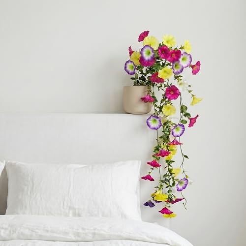 Image of Dekorly 75CM Lifelike Artificial Eucalyptus Vine with Morning Glory Flowers (Pack of 2) | Premium Hanging Floral Creeper for Balcony, Wall & Home Decor(2, Morning Glory Flower Vines)