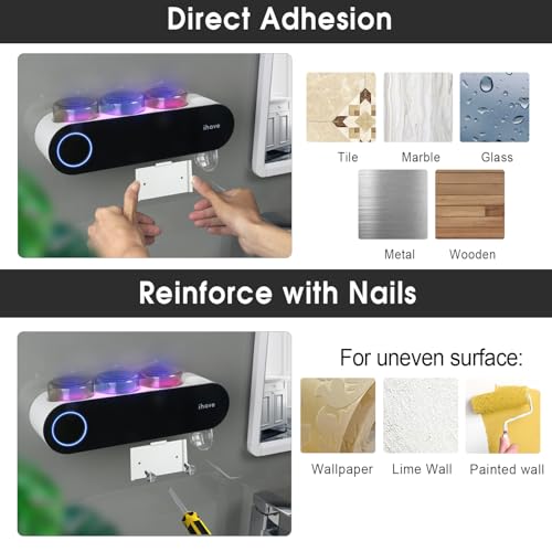 Image of iHave UV Toothbrush Sanitizer and Holder, 3 Cups Electric Toothbrush Holder Wall Mounted with Toothpaste Dispenser, Black
