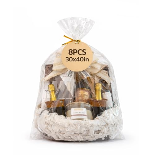 WIKDAY Clear Gift Bags 5 PCS 24x30 Inches Large Cellophane Wrap for Gift Baskets Wrapping Plastic with Ties for Gift Giving, Packaging Products