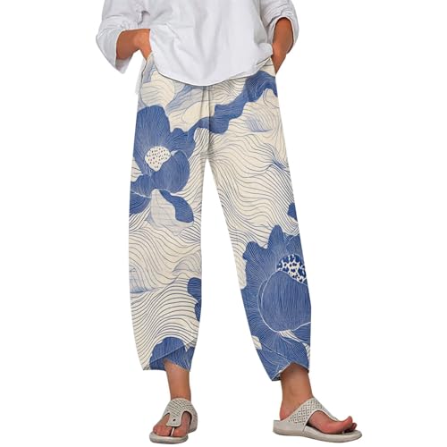 Capris Linen Pants Women Ocean Art Print Baggy Wide Leg Elastic Waist Pallazzo Hippie Pants for Beach