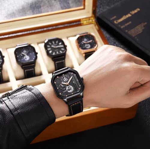 Image of Men's Luxury Square Dial Analog Watch with Leather Strap, Luminous Display, Waterproof Quartz Wristwatch - Casual & Formal Wear