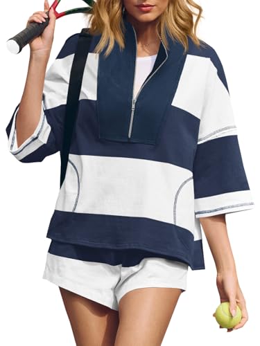 Fisoew Womens 2 Piece Outfits Summer Striped Sweatshirt Workout Shorts