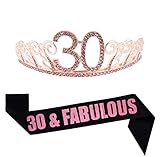 30th Brithday Pink Tiara and Sash, Glitter Satin 30 & Fabulous Sash and Rhinestone Birthday Crown Happy 30th Birthday Decorations Party Supplies Birthday Cake Topper