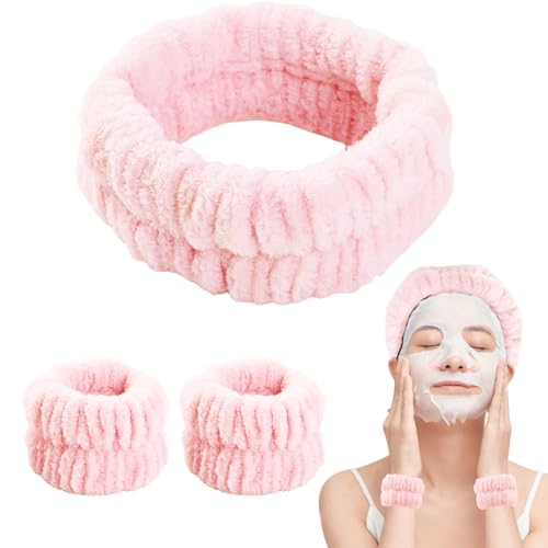 Bighan Set de Bandeau et Bracelets de Lavage de Visage, Poignets de Maquillage Absorbants, Bandeau de Soin Elastique pour Lavage du Visage, Rose