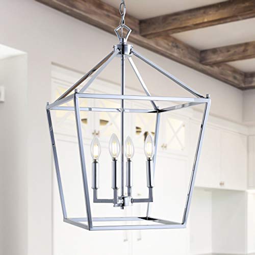 Image of JONATHAN Y Pagoda 4-Light Pendant 16 inch Cage, Chrome | Traditional Metal Farmhouse Hanging Lantern Ceiling Fixture, Adjustable Chain Link, For Kitchen Island, LED Bulb Included