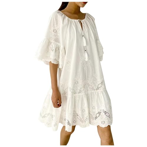 Vestido midi de verano de color puro: mezcla de algodón casual y listo para la oficina, cintura elástica, detalles de encaje blanco, de vacaciones bohemio ceremonia redonda de baile, blanco, XL