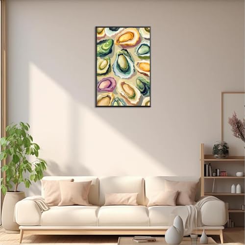 Image of Colorful Beachy Shell Canvas Wall Art Funny Coastal Oyster Shell Poster Abstract Summer Seaside Beach House Prints Painting For Home Living Room Kitchen Restaurant Wall Decor 8x12in Framed