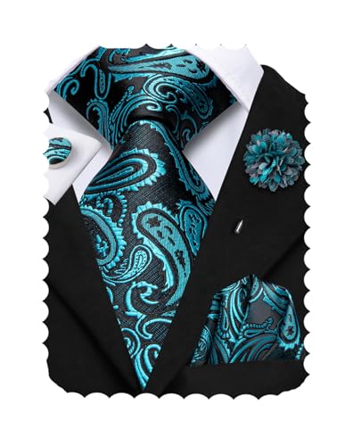 Image of Hi-Tie Men's Tie Lapel Pin Set Pocket Square Cufflinks Formal Woven Silk Tie Sets Wedding Party