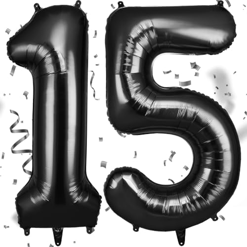 OFFCUP Luftballon Zahlen 15 Schwarz 15 Geburtstag Zahlen Ballon 101cm Groß Folienballon 40 Zoll Helium Ballons zum Mädchen Junge Geburtstag Party Deko Abschluss Jubiläums15 Schwarz