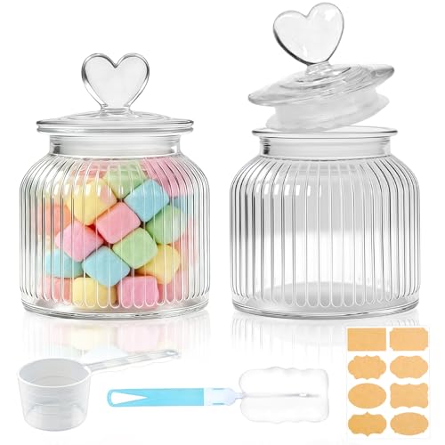 Mssushi Lot De 2 Bocal à Bonbons Avec Couvercle En Forme De Cœur 650ml, Bocal En Verre Avec Couvercle Hermétique, Idéal Pour Candy Bar, Biscuits,...