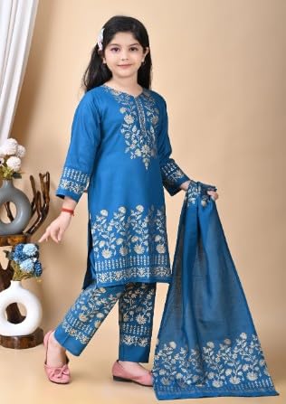 Image of Girl's Rayon Ethnic Wear Embroidered Kurta Set with Dupatta