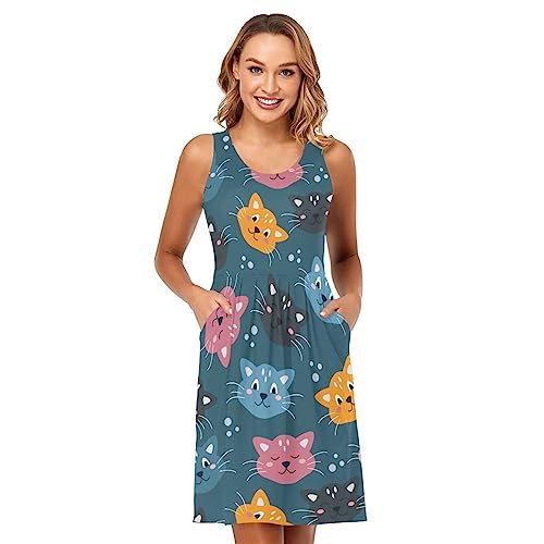 Rostos coloridos de gatos em um fundo azul vestidos femininos, vestido casual de verão, vestido curt