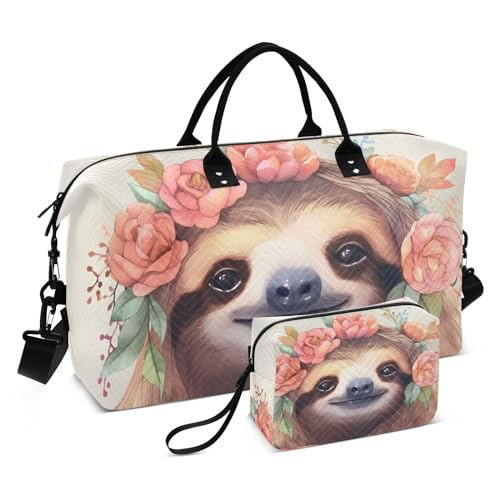 Large Travel Duffel Bag, Penoy Red Cute Sloth Sport Tote Gym Bag, Shoulder Weekender Overnight Bag for Women Men, Carry On Luggage with Toiletry Bag
