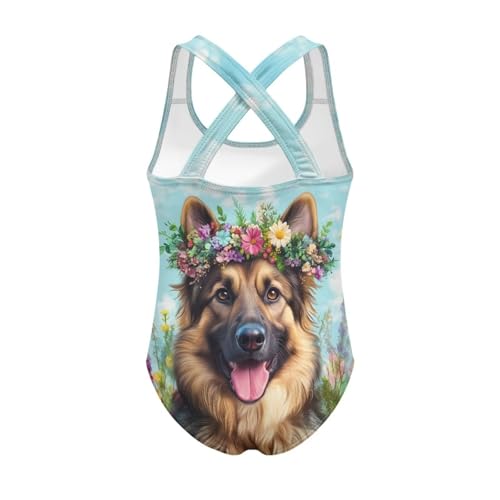 Image of Kids German Shepherd One Piece Swimsuit Girls Bathing Suit 9-10 Years Spring Floral Swimwear Little Girls Cross-Back Sleeveless Swimsuits Round Neck Quick Dry Bathing Suits Slim Leotard