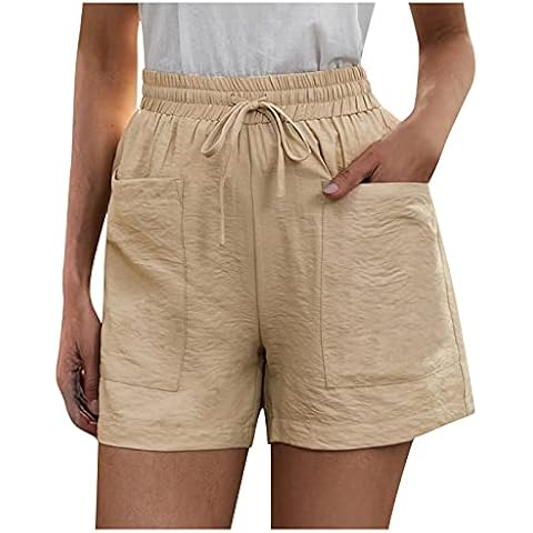 Women Shorts Summer 2022 Korean Wide Leg Casual Solid Drawstring Elastic Waist Shorts Girls Cotton Women's Mini Biker Shorts Khaki XXXXX-Large Cover