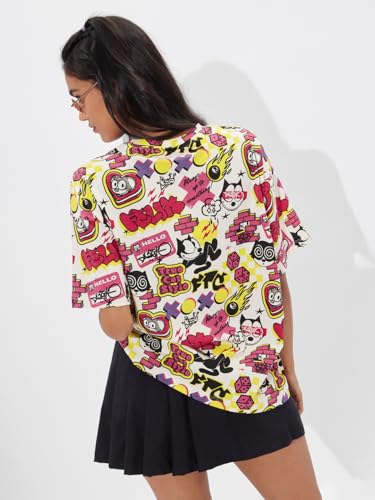 Image of The Souled Store Official Felix The Cat: Graffiti Women and Girls Short Sleeves Round Neck Multicolor All Over Printed Cotton Oversized T-Shirts