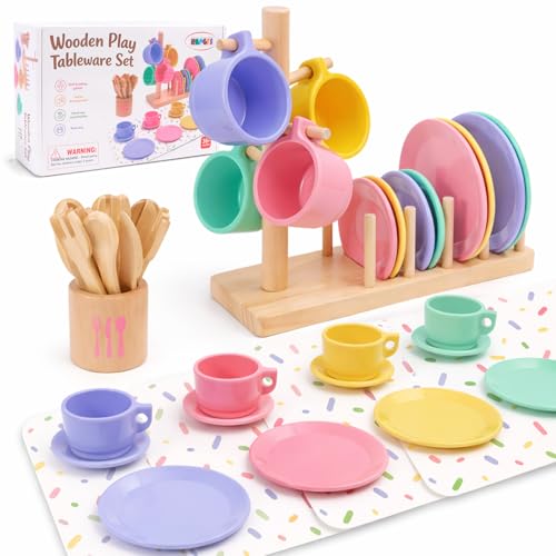 HAPGFS Wooden Play Dishes Set with Integrated Drying Rack and Cup Holder Play Kitchen Accessories for Toddlers Montessori Pretend Play Kitchen Accessories Toy Plates Kitchen Set Gift 1-3 Years