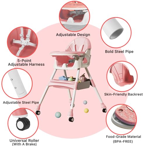 2026 Baby High Chair, 3 in 1 Foldable and Adjustable Baby Highchair, Convertible Highchair for Babies and Toddlers, Infant Dining Booster Seat with Removable Tray (Pink) - Image 3