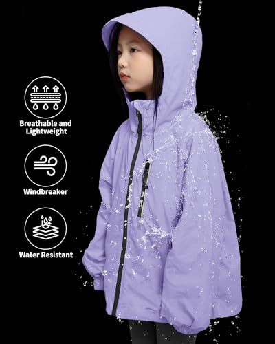 Image of Rolanko Girls Rain Jacket Lightweight Waterproof Hooded Kids Raincoat 6-16 | Kids Windbreaker, Water-Repellent, Sealed Zip Pockets, Reflective Strips, Extended Hood, Outdoor, School Daily, Travel