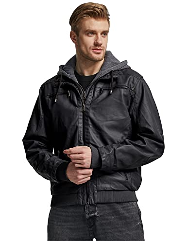 Wantdo Men's Pu Leather Jacket Lightweight Hooded Biker Coat Black Small(Thick) #TOP3