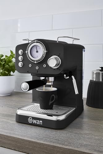 Image of Swan Retro SK22110BN Espresso and Cappucino Espresso Machine, 15 Bar Pressure, Vaporizer, Capacity 1.2 Liters, 1 or 2 Cups, Ground Coffee, Vintage Design, Black, 1100W