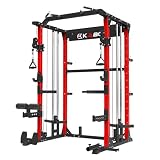KABOR Power Cage, 1800lbs Multi-Functional Power Rack with Dual Pulley System and Leg Holder, TL100 Squat Rack Home Gym Fitness(Red)