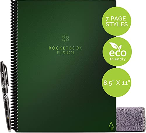 Image of Rocketbook Fusion Smart Reusable Notebook - Calendar, To-Do Lists, and Note Template Pages with 1 Pilot Frixion Pen & 1 Microfiber Cloth Included - Terrestrial Green Cover, Letter Size (8.5 inch x 11 inch)