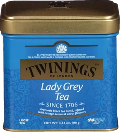 Image of Twinings Lady Grey Loose Leaf Black Citrus Tea, 3.53oz (100g) Tins (6 Pack) | Citrus Fruit Flavours, Lemon & Orange Peel, Naturally Caffeinated, 6-100g Reusable Tins, 50-100 Servings, Enjoy Hot or Iced