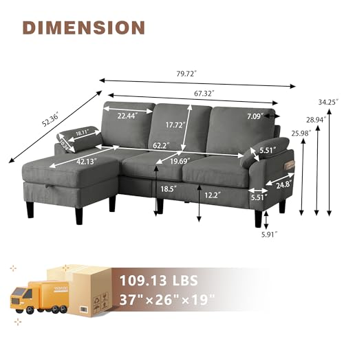 Image of 80''L Shaped Sectional Sofa Couch, 3 Seater Corduroy Sofa with Storage Ottoman, Removable & Washable Cushion Covers, Side Pockets, Modern L Couch for Living Room, Dark Grey