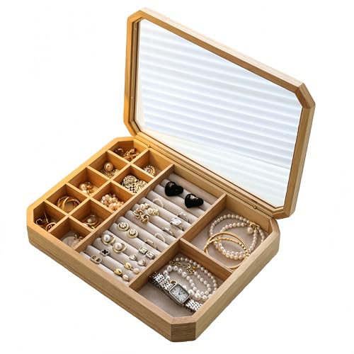 Sandqvipa木製オーガナイザー、ジュエリー、リング、イヤリング、ネックレス収納、透明な蓋、ファブリックインテリア、温かみのある色調、天然木の色、オーク、マルチコンパートメントオーガナイザー、デスクトップアクセサリー、多機能、耐久性、スタイリッシュ、装