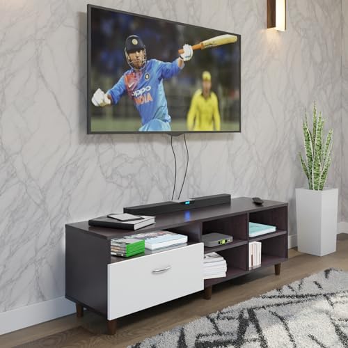 Image of VIKI Modern TV Unit for Living Room | Engineered Wood TV Cabinet with 1 Drawer Storage & 3 Open Shelves, Entertainment Unit, 140W x 48H x 40D cm | DIY | 1 Year Warranty (Wenge & White)