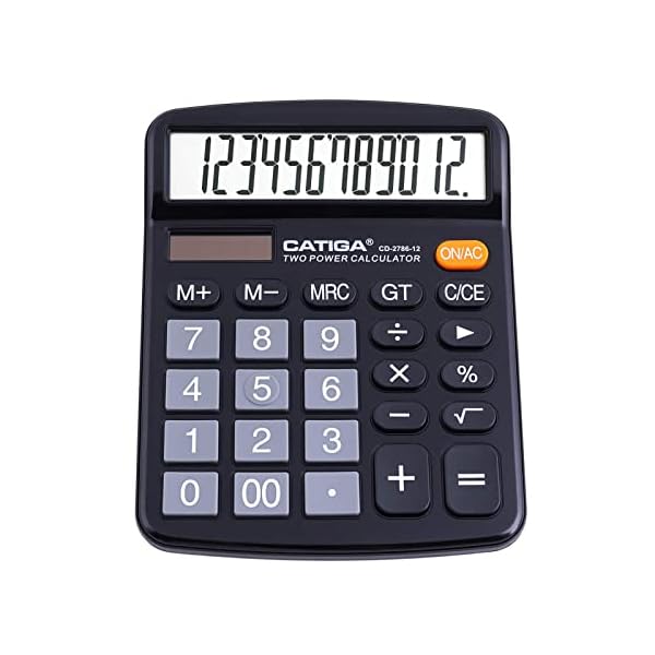 CATIGA 12 Digits Desktop Calculator with Large LCD Display and Sensitive Button, Dual Solar Power and Battery, Standard Function for Office, Home, School, CD-2786
