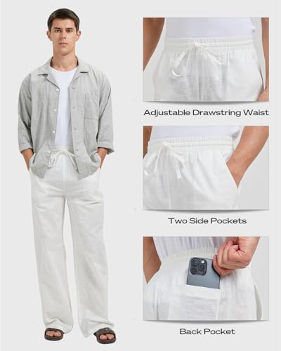 Zylioo 34" Linen Pants Men Tall, White Linen Pants Men Casual, Mens Wide Leg Trousers for Summer and Beach Wear4