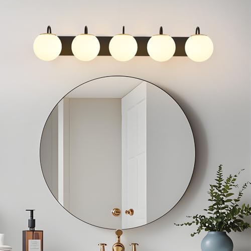 Image of Vintage Matte Black Bathroom Vanity Light Fixtures Over Mirror 5 Lights