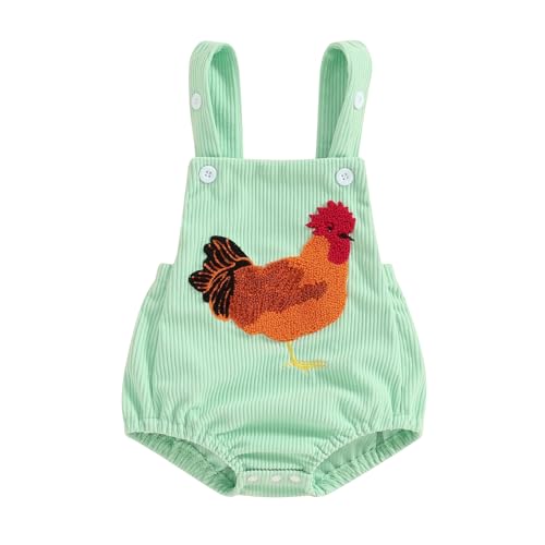 Image of Tsnbre Newborn Baby Boy Girl Summer Outfits Corduroy Romper Farm Chicken Baby Overalls 0 3 6 9 12 Months Infant Clothes (Chicken Embroidery Green B, 0-3 Months)
