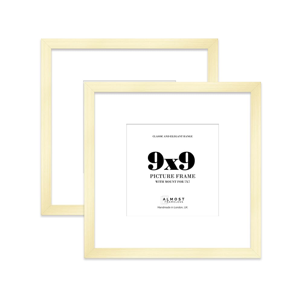 9x9 Gold Picture Frame with Mount for 7x7 Photos, Prints - Modern Square Wall Frame, Set of 2