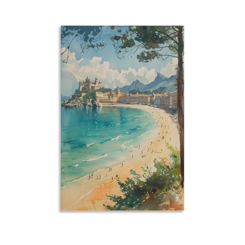 Póster de viaje de San Sebastián, pintura de acuarela de España, arte de pared de Donostia, regalo vasco, sin marco, 30 x 45 cm